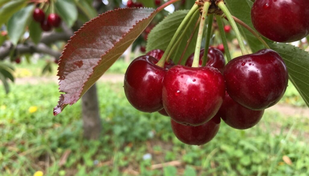 A vibrant close-up of resilient cherry fruit, showcasing deep red, glossy skins with a few richly colored leaves still attached. These delicious cherries should appear plump and inviting, glistening under soft, natural sunlight that highlights their shine and textures. In the background, a lush garden setting features low-growing green grass and a hint of soft-focus cherry tree branches, emphasizing the natural habitat. The angle is slightly angled from above, capturing the fruit nestled among its leaves, creating a warm and inviting atmosphere. The scene feels alive with the promise of a bountiful harvest, ideal for conveying the benefits of cultivating hardy, disease-resistant cherry varieties. A vibrant close-up of resilient cherry fruit, showcasing deep red, glossy skins with a few richly colored leaves still attached. These delicious cherries should appear plump and inviting, glistening under soft, natural sunlight that highlights their shine and textures. In the background, a lush garden setting features low-growing green grass and a hint of soft-focus cherry tree branches, emphasizing the natural habitat. The angle is slightly angled from above, capturing the fruit nestled among its leaves, creating a warm and inviting atmosphere. The scene feels alive with the promise of a bountiful harvest, ideal for conveying the benefits of cultivating hardy, disease-resistant cherry varieties.