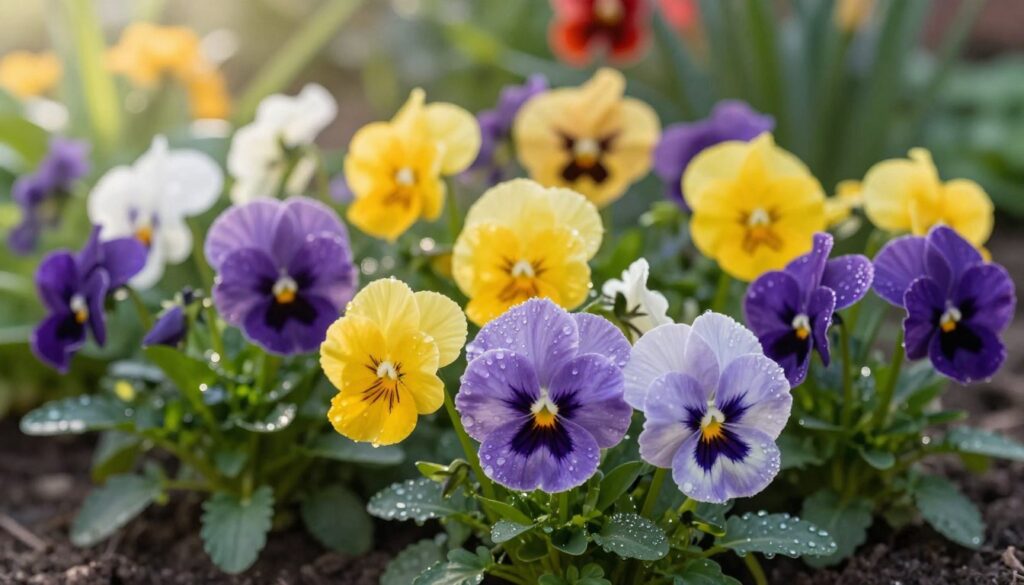 A vibrant collection of blooming bratki (pansies) in a lush garden setting, showcasing their diverse colors of purple, yellow, and white. In the foreground, a close-up of dew-kissed petals glistening in the morning light, emphasizing their delicate textures. The middle ground features a variety of bratki arranged in neat clusters, their leaves providing a rich green backdrop. Soft sunlight filters through the foliage, casting gentle shadows and creating a warm, inviting atmosphere. In the background, hints of colorful garden flora blur elegantly, adding depth without distraction. The overall mood is tranquil and lively, perfectly encapsulating the beauty and vibrancy of bratki in full bloom.