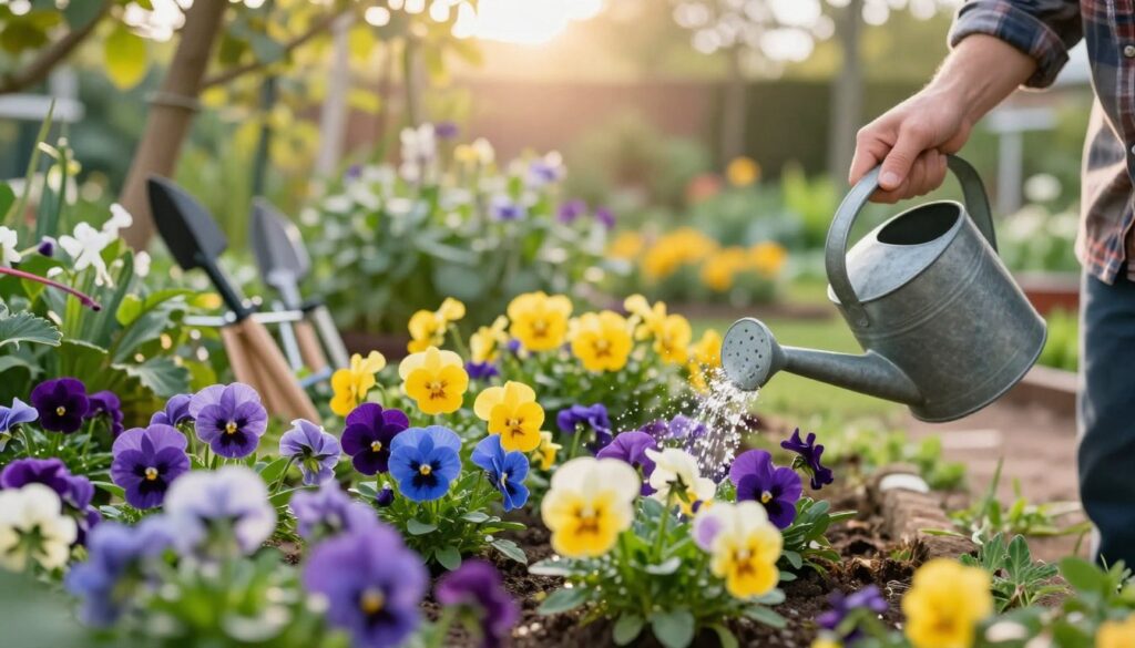 A vibrant garden scene featuring a patch of blooming pansies in various colors such as purple, yellow, and blue, surrounded by lush, green foliage. In the foreground, a gardener gently waters the flowers with a watering can, emphasizing care and nurturing. The middle ground showcases additional blooming plants and garden tools neatly arranged, depicting an organized and vibrant garden atmosphere. In the background, soft sunlight filters through tree leaves, casting a warm and inviting glow over the scene. The composition is captured with a slight depth of field, allowing the pansies in the foreground to be sharply in focus while the background remains softly blurred, creating a serene and tranquil mood. The overall atmosphere conveys a sense of growth and longevity, reflecting the theme of extending flower life. A vibrant garden scene featuring a patch of blooming pansies in various colors such as purple, yellow, and blue, surrounded by lush, green foliage. In the foreground, a gardener gently waters the flowers with a watering can, emphasizing care and nurturing. The middle ground showcases additional blooming plants and garden tools neatly arranged, depicting an organized and vibrant garden atmosphere. In the background, soft sunlight filters through tree leaves, casting a warm and inviting glow over the scene. The composition is captured with a slight depth of field, allowing the pansies in the foreground to be sharply in focus while the background remains softly blurred, creating a serene and tranquil mood. The overall atmosphere conveys a sense of growth and longevity, reflecting the theme of extending flower life.