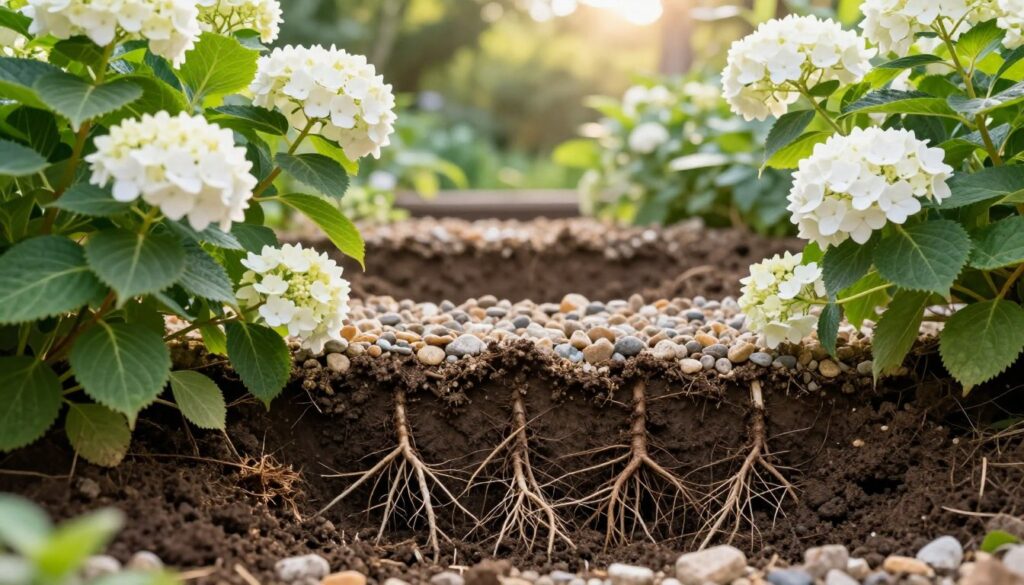 A vibrant garden scene focusing on healthy white hydrangeas with an emphasis on their root system and soil drainage. In the foreground, detailed roots of the hydrangea are visible, intertwined with dark, rich soil showing proper drainage techniques. Lush green foliage and white blooms of the hydrangeas frame the composition. The middle ground features well-structured soil layers, highlighting the mix of coarse gravel and organic matter essential for optimal growth. In the background, soft-focus garden elements create a tranquil atmosphere, with gentle sunlight filtering through leaves, casting a warm glow over the scene. Capture this image from a low angle to showcase the plants’ vibrancy and the importance of soil health in a lively, inviting garden setting. A vibrant garden scene focusing on healthy white hydrangeas with an emphasis on their root system and soil drainage. In the foreground, detailed roots of the hydrangea are visible, intertwined with dark, rich soil showing proper drainage techniques. Lush green foliage and white blooms of the hydrangeas frame the composition. The middle ground features well-structured soil layers, highlighting the mix of coarse gravel and organic matter essential for optimal growth. In the background, soft-focus garden elements create a tranquil atmosphere, with gentle sunlight filtering through leaves, casting a warm glow over the scene. Capture this image from a low angle to showcase the plants’ vibrancy and the importance of soil health in a lively, inviting garden setting.