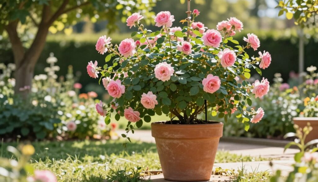 A vibrant garden scene showcasing a climbing rose in a large, sturdy pot designed for stability. In the foreground, a beautifully trained climbing rose displays lush green leaves and clusters of delicate pink flowers, elegantly intertwining with support structures. In the middle ground, the pot is made of textured terracotta, highlighting its robust construction for optimal root space and drainage. The background features a soft-focus of a sunny garden, filtering light through leafy trees, creating a warm and inviting atmosphere. The sunlight casts gentle shadows, enhancing the texture of the leaves and petals. The overall mood is serene and thriving, reflecting a successful gardening endeavor centered on providing stability and support for plant growth. A vibrant garden scene showcasing a climbing rose in a large, sturdy pot designed for stability. In the foreground, a beautifully trained climbing rose displays lush green leaves and clusters of delicate pink flowers, elegantly intertwining with support structures. In the middle ground, the pot is made of textured terracotta, highlighting its robust construction for optimal root space and drainage. The background features a soft-focus of a sunny garden, filtering light through leafy trees, creating a warm and inviting atmosphere. The sunlight casts gentle shadows, enhancing the texture of the leaves and petals. The overall mood is serene and thriving, reflecting a successful gardening endeavor centered on providing stability and support for plant growth.