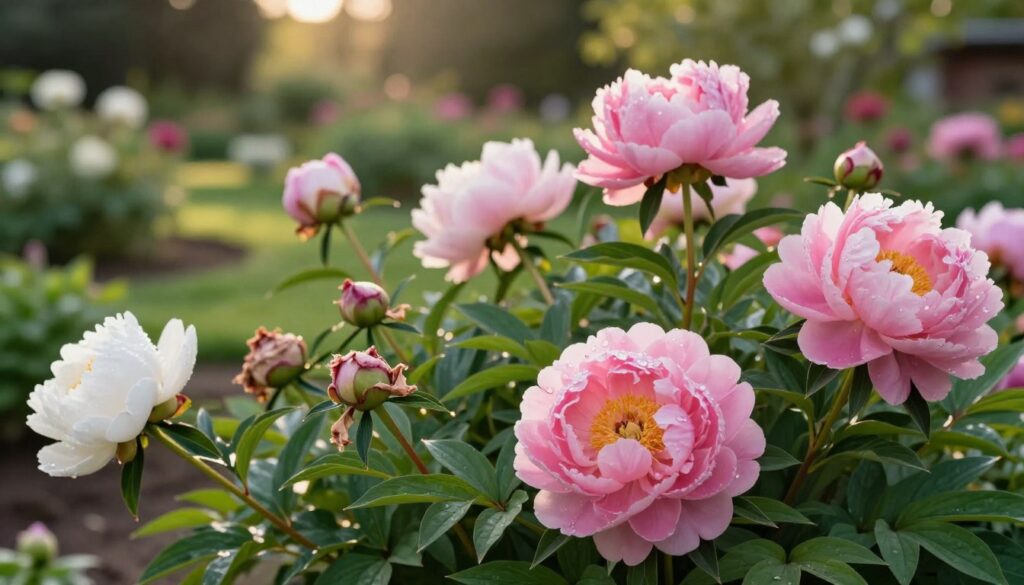 A vibrant garden scene showcasing a variety of peonies ("piwonie bylinowe") at different stages of bloom, with lush, green foliage. In the foreground, focus on several fully open, large pink and white peonies with delicate petals and intricate textures, dew drops glistening on their surfaces. The middle ground features fresh, green leaves, some young buds ready to bloom, and a few wilted flowers to represent their lifecycle. In the background, a softly blurred view of a well-maintained garden, with hints of light filtering through trees, creating a serene and peaceful atmosphere. The lighting should be warm, suggesting late afternoon, enhancing the colors of the flowers. Use a shallow depth of field to emphasize the peonies while gently blurring the background. A vibrant garden scene showcasing a variety of peonies ("piwonie bylinowe") at different stages of bloom, with lush, green foliage. In the foreground, focus on several fully open, large pink and white peonies with delicate petals and intricate textures, dew drops glistening on their surfaces. The middle ground features fresh, green leaves, some young buds ready to bloom, and a few wilted flowers to represent their lifecycle. In the background, a softly blurred view of a well-maintained garden, with hints of light filtering through trees, creating a serene and peaceful atmosphere. The lighting should be warm, suggesting late afternoon, enhancing the colors of the flowers. Use a shallow depth of field to emphasize the peonies while gently blurring the background.