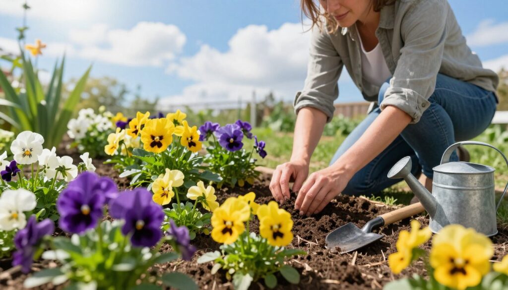 A vibrant garden scene showcasing the optimal planting time for pansies. In the foreground, a colorful array of pansies in various hues of purple, yellow, and white surrounded by rich green foliage. The middle ground features a gardener kneeling, dressed in modest casual clothing, gently planting pansies in well-tilled soil. Nearby, gardening tools are neatly arranged, and a small watering can is positioned to hint at care and nurturing. In the background, a bright blue sky with fluffy white clouds creates a cheerful atmosphere, while sunlight filters through, casting soft shadows and illuminating the flowers. The overall mood should evoke a sense of springtime rejuvenation and the joyful anticipation of blooming flowers in a home garden setting. A vibrant garden scene showcasing the optimal planting time for pansies. In the foreground, a colorful array of pansies in various hues of purple, yellow, and white surrounded by rich green foliage. The middle ground features a gardener kneeling, dressed in modest casual clothing, gently planting pansies in well-tilled soil. Nearby, gardening tools are neatly arranged, and a small watering can is positioned to hint at care and nurturing. In the background, a bright blue sky with fluffy white clouds creates a cheerful atmosphere, while sunlight filters through, casting soft shadows and illuminating the flowers. The overall mood should evoke a sense of springtime rejuvenation and the joyful anticipation of blooming flowers in a home garden setting.