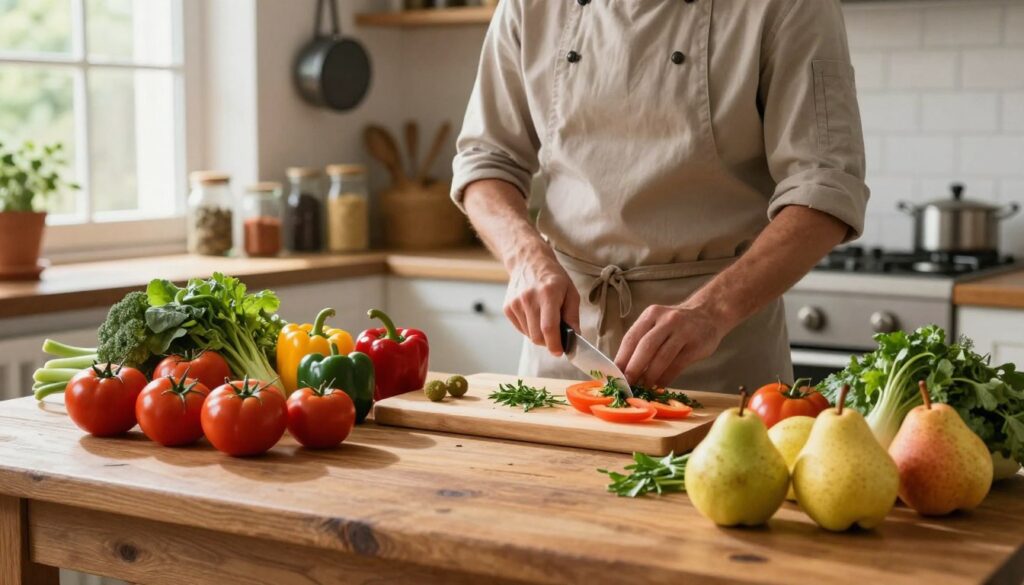 A vibrant kitchen scene showcasing an array of creative seasonal ingredients. In the foreground, a rustic wooden table is adorned with colorful vegetables and fruits, such as ripe tomatoes, vibrant bell peppers, and juicy pears, all freshly harvested. The middle ground features a chef in modest casual clothing, actively chopping herbs and arranging the produce, highlighting the essence of creativity in cooking. The background reveals a cozy kitchen filled with sunlight streaming through a window, illuminating jars of spices and hanging pots, creating a warm and inviting atmosphere. The overall mood is lively and inspiring, encouraging viewers to embrace seasonal cooking. Use soft, natural lighting to enhance the colors and textures of the ingredients. A vibrant kitchen scene showcasing an array of creative seasonal ingredients. In the foreground, a rustic wooden table is adorned with colorful vegetables and fruits, such as ripe tomatoes, vibrant bell peppers, and juicy pears, all freshly harvested. The middle ground features a chef in modest casual clothing, actively chopping herbs and arranging the produce, highlighting the essence of creativity in cooking. The background reveals a cozy kitchen filled with sunlight streaming through a window, illuminating jars of spices and hanging pots, creating a warm and inviting atmosphere. The overall mood is lively and inspiring, encouraging viewers to embrace seasonal cooking. Use soft, natural lighting to enhance the colors and textures of the ingredients.