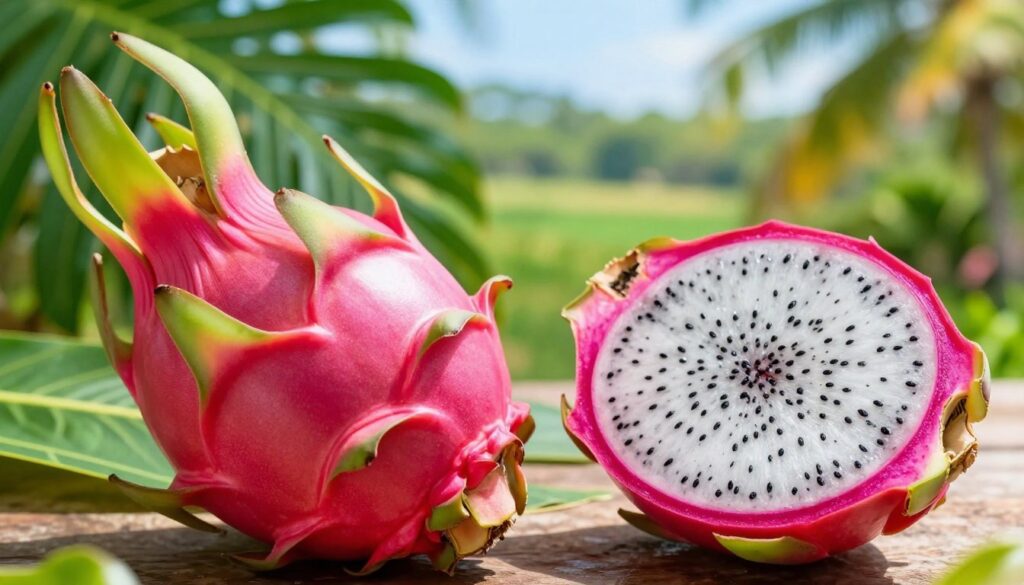 A vibrant pitaja, also known as dragon fruit, displayed in stunning detail. The foreground features a large, ripe pitaja with its vividly pink skin and green, leaf-like scales, showcasing its unique shape. Nearby, a sliced pitaja reveals its white, speckled flesh, glistening in the light. In the middle ground, tropical leaves provide a lush backdrop, highlighting the fruit's exotic origins. The background captures a soft-focus view of a sunny, verdant landscape, evoking a warm, inviting atmosphere. Utilize natural lighting to enhance the fruit's colors, and opt for a close-up angle to emphasize its remarkable texture. The mood should feel fresh and tropical, enticing the viewer's senses. No text or branding elements should be included. A vibrant pitaja, also known as dragon fruit, displayed in stunning detail. The foreground features a large, ripe pitaja with its vividly pink skin and green, leaf-like scales, showcasing its unique shape. Nearby, a sliced pitaja reveals its white, speckled flesh, glistening in the light. In the middle ground, tropical leaves provide a lush backdrop, highlighting the fruit's exotic origins. The background captures a soft-focus view of a sunny, verdant landscape, evoking a warm, inviting atmosphere. Utilize natural lighting to enhance the fruit's colors, and opt for a close-up angle to emphasize its remarkable texture. The mood should feel fresh and tropical, enticing the viewer's senses. No text or branding elements should be included.