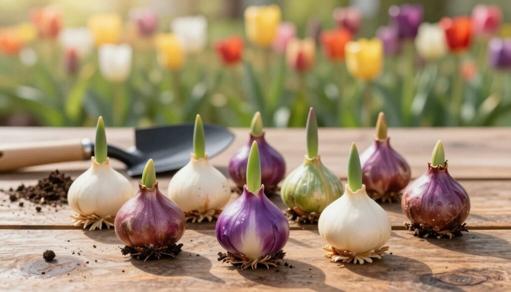 A visually striking arrangement of tulip bulbs, showcasing their smooth, rounded forms and varying colors, placed on a rustic wooden table. In the foreground, focus on a selection of healthy, vibrant bulb varieties, some with green shoots beginning to emerge. The middle ground features gardening tools like a trowel and soil, emphasizing the planting process. In the background, a softly blurred garden scene or vibrant tulip field under a gentle, warm sunlight, creating an inviting atmosphere. The lighting is natural, casting soft shadows that add depth to the image. The composition evokes a sense of hope and renewal, perfect for illustrating the selection of the best tulip bulbs for spring planting. A visually striking arrangement of tulip bulbs, showcasing their smooth, rounded forms and varying colors, placed on a rustic wooden table. In the foreground, focus on a selection of healthy, vibrant bulb varieties, some with green shoots beginning to emerge. The middle ground features gardening tools like a trowel and soil, emphasizing the planting process. In the background, a softly blurred garden scene or vibrant tulip field under a gentle, warm sunlight, creating an inviting atmosphere. The lighting is natural, casting soft shadows that add depth to the image. The composition evokes a sense of hope and renewal, perfect for illustrating the selection of the best tulip bulbs for spring planting.