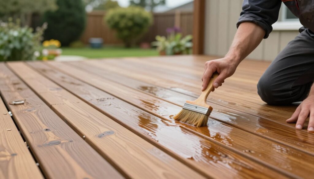 A wooden terrace being treated with a protective wood preservative. In the foreground, a person wearing professional work attire carefully applies the impregnating solution with a brush, showcasing smooth, even strokes. The middle ground features a section of the wooden deck, revealing its rich grain and texture, glistening slightly from the freshly applied solution. In the background, a serene garden is visible, with soft, natural lighting filtering through the trees, creating a calm and focused atmosphere. The scene captures the essence of meticulous care, conveying a sense of protection and maintenance for wooden surfaces, emphasizing techniques for maximizing longevity against moisture. A wooden terrace being treated with a protective wood preservative. In the foreground, a person wearing professional work attire carefully applies the impregnating solution with a brush, showcasing smooth, even strokes. The middle ground features a section of the wooden deck, revealing its rich grain and texture, glistening slightly from the freshly applied solution. In the background, a serene garden is visible, with soft, natural lighting filtering through the trees, creating a calm and focused atmosphere. The scene captures the essence of meticulous care, conveying a sense of protection and maintenance for wooden surfaces, emphasizing techniques for maximizing longevity against moisture.