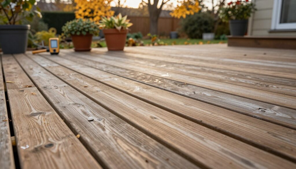 A wooden terrace in autumn, showcasing its various wooden planks with a natural grain, some slightly weathered and in need of maintenance. In the foreground, close-up of the terrace boards, displaying fine details like cracks, color variations, and any signs of moisture. The middle ground includes a cozy setting with a few potted plants, maybe some tools for inspection like a moisture meter, indicating a pre-winter checkup. The background features a serene garden in soft focus, with golden leaves hinting at the season. The atmosphere is calm and reflective, illuminated by soft, warm natural light as if the sun is setting, creating a tranquil yet practical ambiance. The perspective is slightly elevated, capturing the essence of preparing the terrace for winter. A wooden terrace in autumn, showcasing its various wooden planks with a natural grain, some slightly weathered and in need of maintenance. In the foreground, close-up of the terrace boards, displaying fine details like cracks, color variations, and any signs of moisture. The middle ground includes a cozy setting with a few potted plants, maybe some tools for inspection like a moisture meter, indicating a pre-winter checkup. The background features a serene garden in soft focus, with golden leaves hinting at the season. The atmosphere is calm and reflective, illuminated by soft, warm natural light as if the sun is setting, creating a tranquil yet practical ambiance. The perspective is slightly elevated, capturing the essence of preparing the terrace for winter.