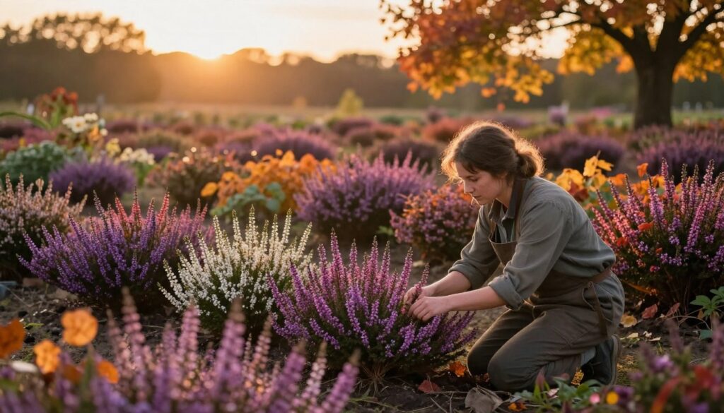 Lush, vibrant heathers surrounded by a rich tapestry of autumn foliage. In the foreground, a gardener kneels, gently tending to the heather plants, dressed in practical gardening attire. The middle section reveals a colorful garden bed featuring clusters of purple, pink, and white heather blooming amidst warm tones of fall leaves. In the background, a softly blurred landscape of more heather fields stretches under a warm golden sunset, bathing the scene in a soft, inviting glow. Sunlight filters through the trees, creating dappled shadows and enhancing the peaceful, nurturing atmosphere. A shallow depth of field emphasizes the gardener’s care, capturing the essence of nurturing heather plants in a breathtaking autumn garden setting. Lush, vibrant heathers surrounded by a rich tapestry of autumn foliage. In the foreground, a gardener kneels, gently tending to the heather plants, dressed in practical gardening attire. The middle section reveals a colorful garden bed featuring clusters of purple, pink, and white heather blooming amidst warm tones of fall leaves. In the background, a softly blurred landscape of more heather fields stretches under a warm golden sunset, bathing the scene in a soft, inviting glow. Sunlight filters through the trees, creating dappled shadows and enhancing the peaceful, nurturing atmosphere. A shallow depth of field emphasizes the gardener’s care, capturing the essence of nurturing heather plants in a breathtaking autumn garden setting.