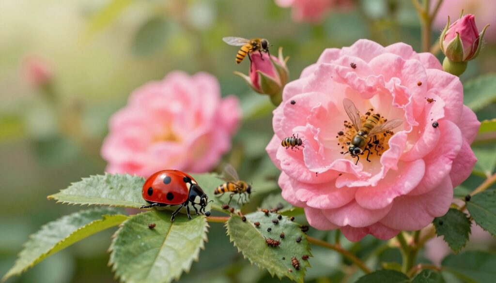 Vividly illustrate a garden scene focusing on beneficial insects in action, such as ladybugs, lacewings, and hoverflies, busily interacting with rose plants infested with aphids. In the foreground, show a close-up of a ladybug delicately perched on a rose leaf, showcasing its vivid red color and distinctive spots. The middle area should depict the rose bush, lush and vibrant with a variety of pink blooms, dotted with small clusters of aphids. In the background, a gentle blur of greenery and soft sunlight filtering through leaves creates a warm and inviting atmosphere. Use natural lighting to highlight the textures of the insects and flowers, with a slight depth of field effect to enhance the focus on the beneficial insects in their ecological role. Vividly illustrate a garden scene focusing on beneficial insects in action, such as ladybugs, lacewings, and hoverflies, busily interacting with rose plants infested with aphids. In the foreground, show a close-up of a ladybug delicately perched on a rose leaf, showcasing its vivid red color and distinctive spots. The middle area should depict the rose bush, lush and vibrant with a variety of pink blooms, dotted with small clusters of aphids. In the background, a gentle blur of greenery and soft sunlight filtering through leaves creates a warm and inviting atmosphere. Use natural lighting to highlight the textures of the insects and flowers, with a slight depth of field effect to enhance the focus on the beneficial insects in their ecological role.